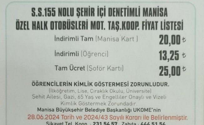 Manisa’da toplu taşıma zamlandı